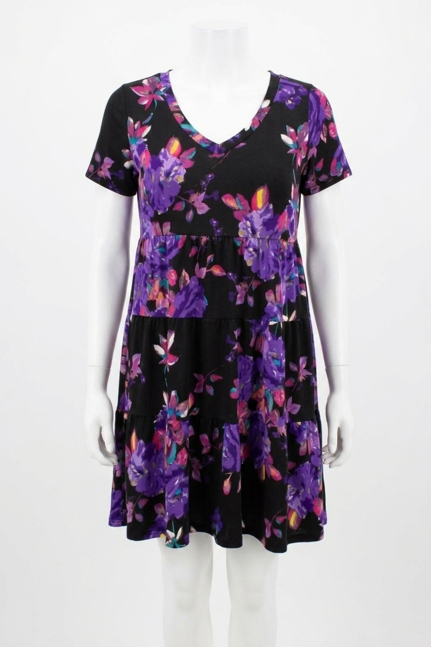 NEW SEW IN LOVE floral tiered sun dress in black/violet